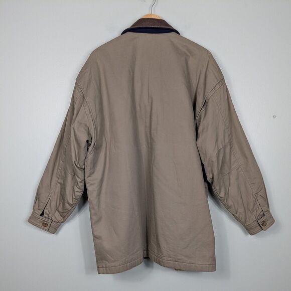 Vintage LL Bean Barn Jacket Mens L Tan Brown Leather Wool 80s 90s Chore Coat - Picture 3 of 16